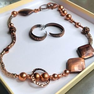 Sold Copper necklace with copper earrings set statement peice unique flowers